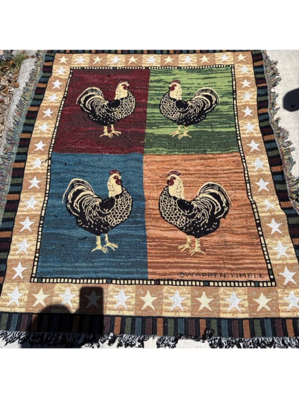 Vintage Warren Kimble Rooster Chicken Block Tapestry Throw Blanket Fringe 50x60" - Picture 3 of 8